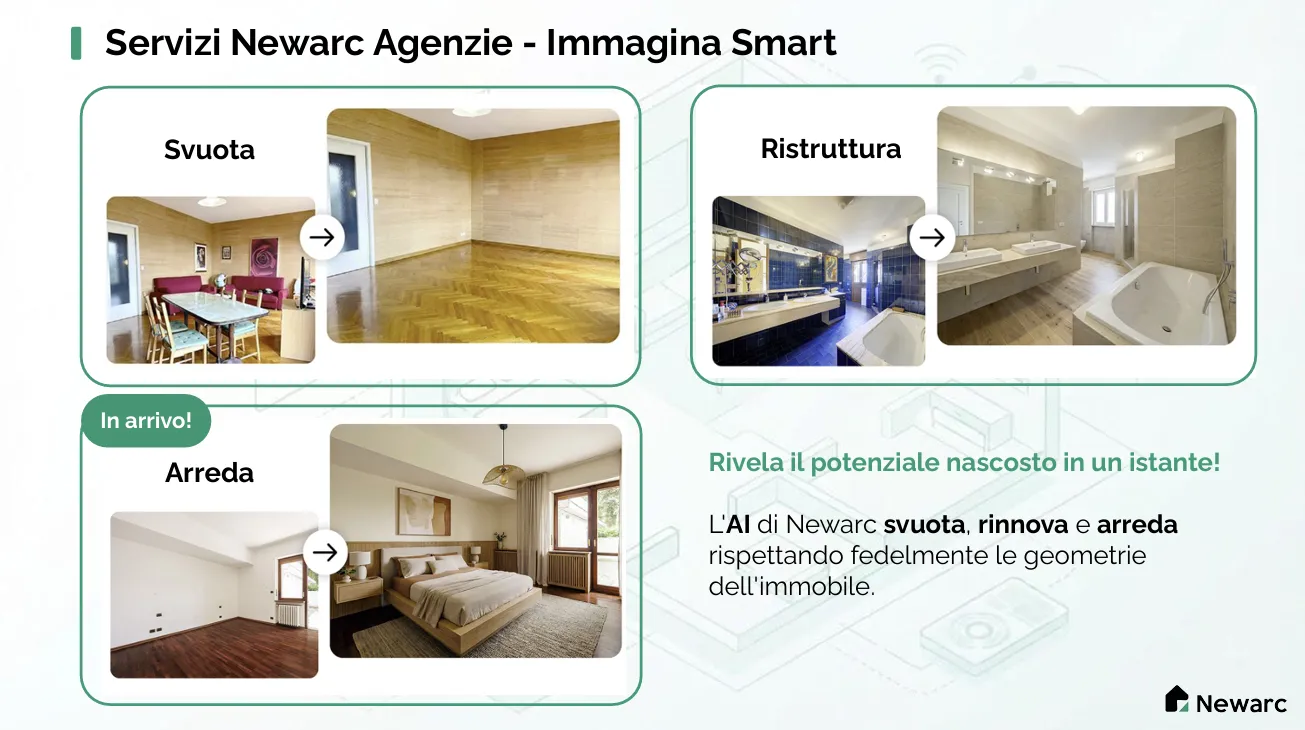 Immagina Smart: la stessa stanza prima e dopo il rendering con mobili e materiali moderni