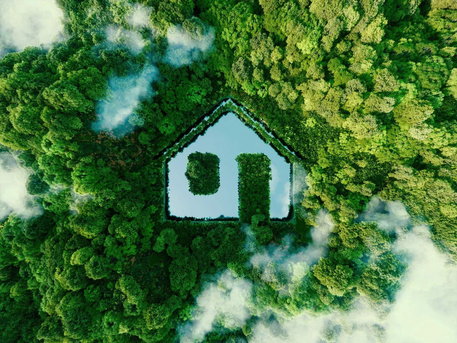 Bosco visto dall’alto con una radura a forma di casa