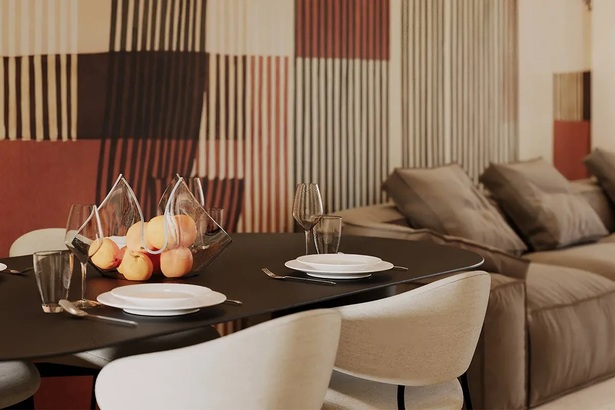 Render di interior design con parete a righe e tavolo da pranzo
